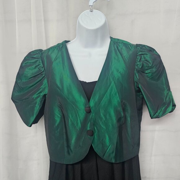 Vintage Southeastern Palazzo Jumpsuit Green Black Satin Crepe Retro Layered 6 - Picture 2 of 9